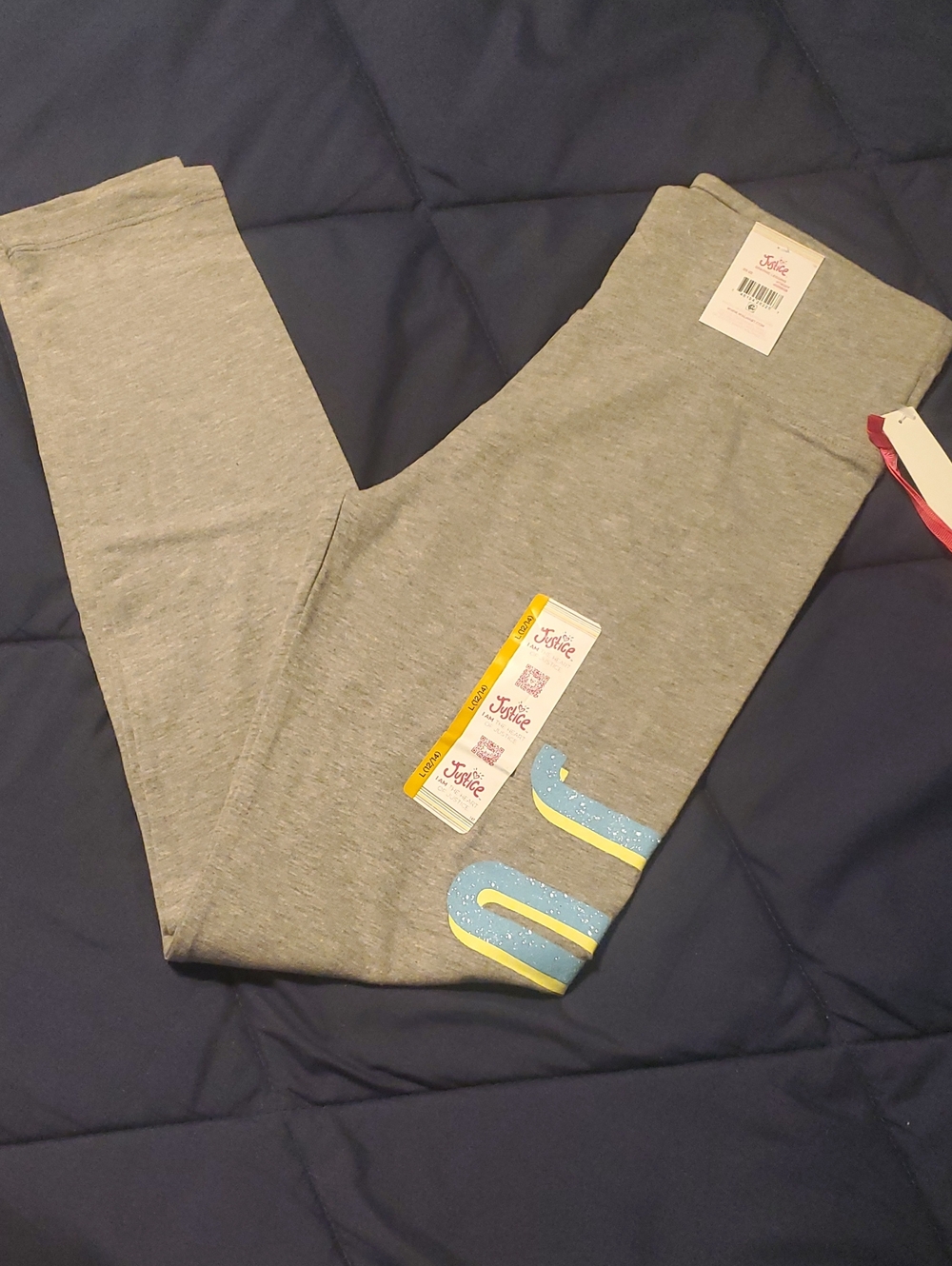 Justice Grey Leggings with Blue and Yellow Glitter Accent